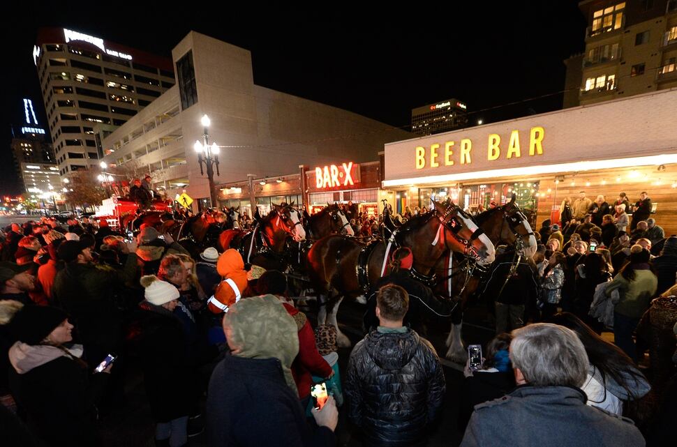 (Francisco Kjolseth | The Salt Lake Tribune) Budweiser’s iconic Clydesdales make a special trip to Utah to celebrate the changing beer laws in the state, joined by a “ghoulish group of pallbearers,” on Wed. Oct. 30, 2019, for a funeral procession for Utah’s last remaining 3.2 percent beer, on their way to Bar X, Beer Bar and Johnny’s on 200 South in Salt Lake City, as the state prepares to start selling 5 percent alcohol-by-volume in grocery and convenience stores starting Friday.
