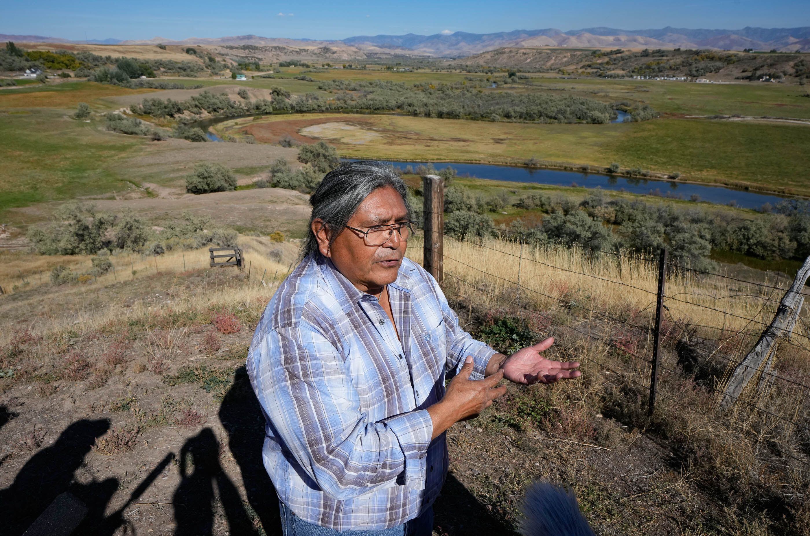 (Francisco Kjolseth | The Salt Lake Tribune) Rios Pacheco, an interpreter of Northwestern Shoshone culture, history, arts and life discusses plans for the Bear River Massacre site behind him on Thursday, Oct. 6, 2022, acquired by the Shoshone to turn into a place of healing. The Shoshone experienced the largest slaughter of Indigenous people in the nation’s history there.