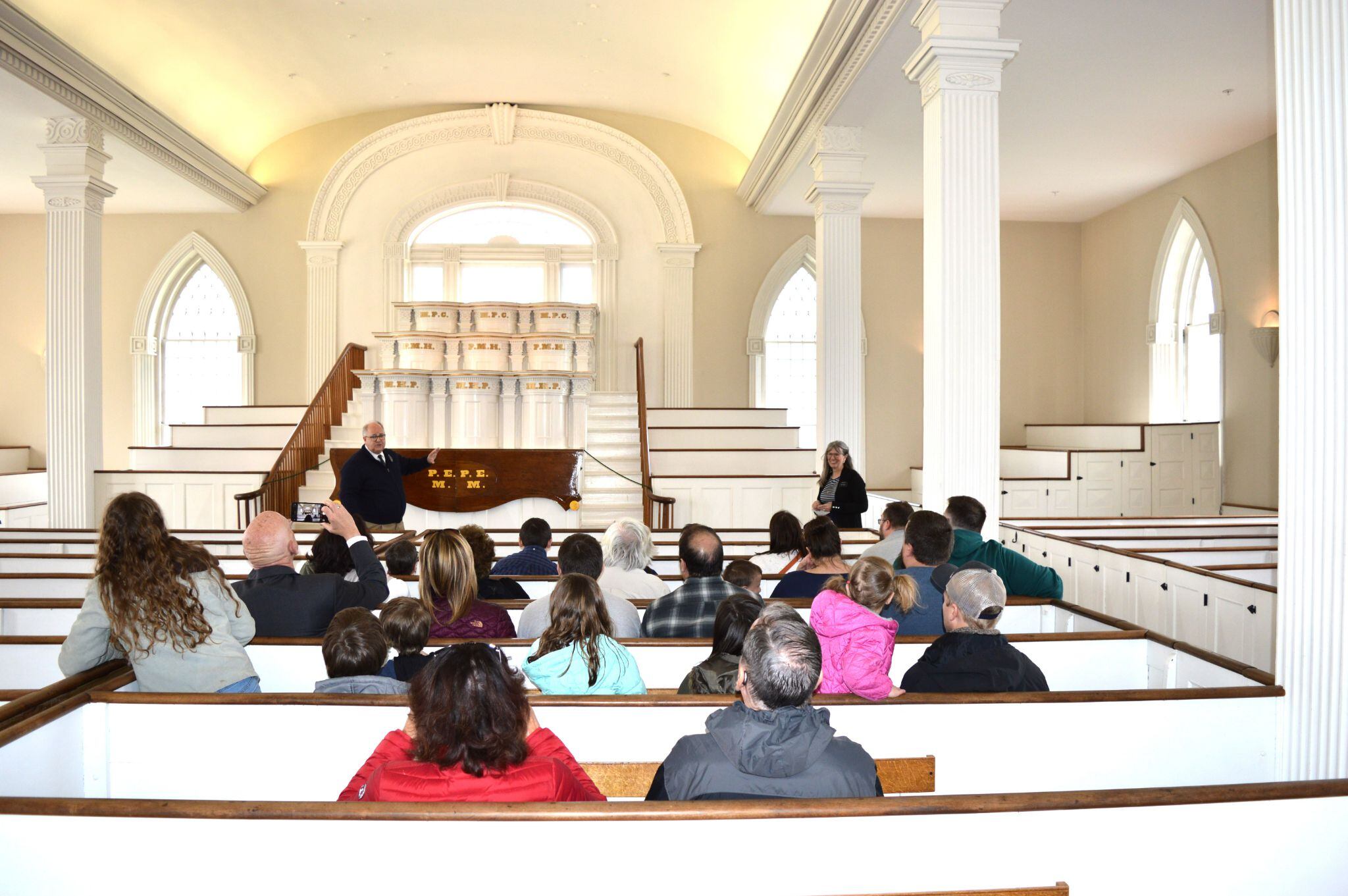 (The Church of Jesus Christ of Latter-day Saints)
Missionaries Bart and Marion Davis give a tour of the Kirtland Temple in Kirtland, Ohio on Monday, March 25, 2024. The temple reopened for public tours Monday.