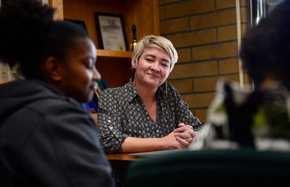 Scott Sommerdorf | The Salt Lake Tribune Jackson Elementary principal Jana Edward, center, smiles, as sixth grader Kiana Phillips, left, answers a question about why the name change is important to her, Wednesday, February, 7, 2018. The school is planning to change it's name to Mary Jackson Elementary after being named for Andrew Jackson.