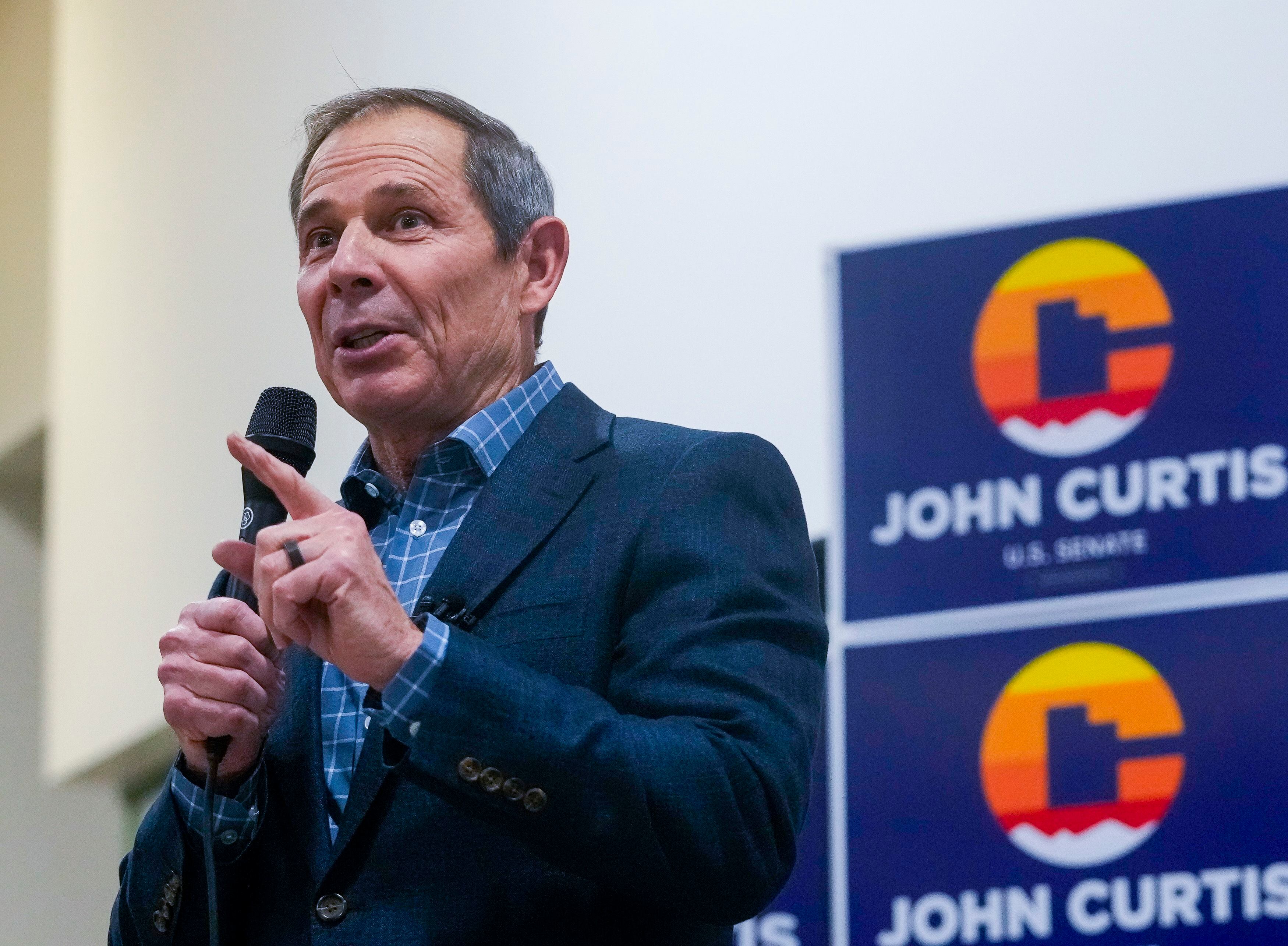 (Bethany Baker  |  The Salt Lake Tribune) Republican candidate for U.S. Senate John Curtis speaks at his campaign kickoff in Orem on Monday, Jan. 22, 2024.