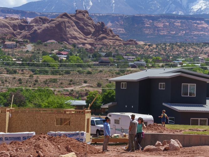 (Leah Hogsten | The Salt Lake Tribune) The Arroyo Crossing housing development, built on acreage owned by the Moab Area Community Land Trust, provides permanent affordable housing to some families and individuals who could not otherwise afford a home, May 16, 2023.