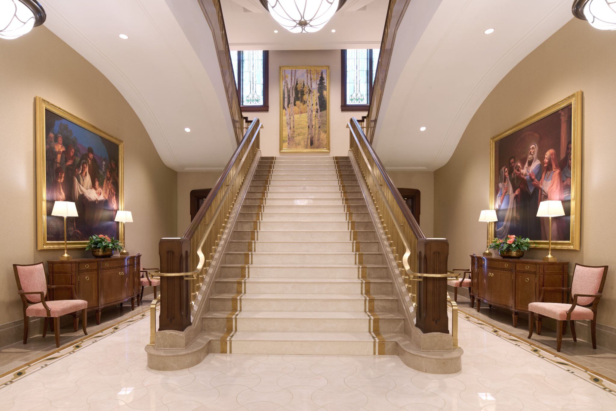 (The Church of Jesus Christ of Latter-day Saints) The main staircase in the Layton Utah Temple.