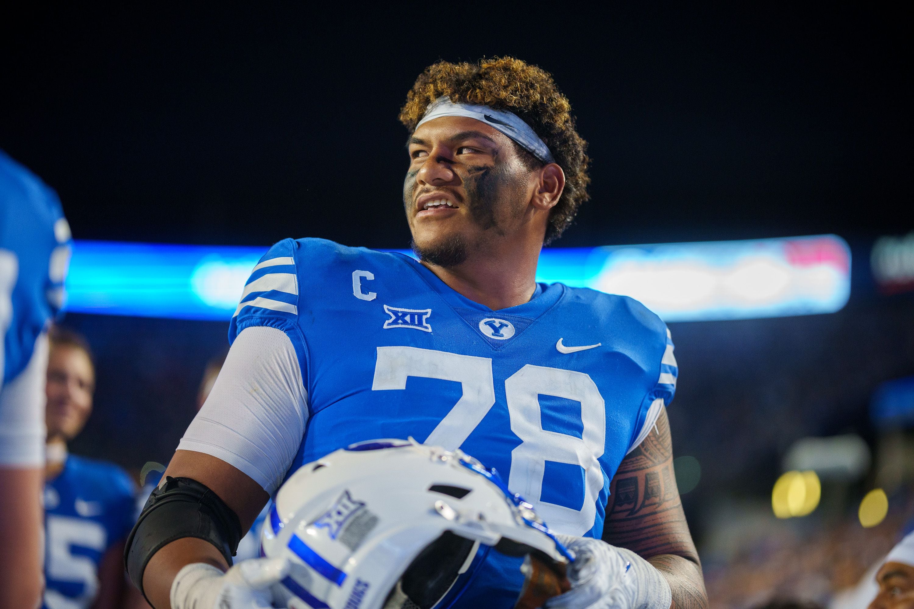 (Trent Nelson  |  The Salt Lake Tribune) Brigham Young Cougars offensive lineman Kingsley Suamataia (78) as BYU hosts Texas Tech, NCAA football in Provo on Saturday, Oct. 21, 2023.