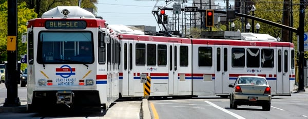 (Steve Griffin | The Salt Lake Tribune) A TRAX train turns the corner on 200 S. 400 West in Salt Lake City Thursday, April 26, 2018. Because of complaining about noise there by UTA Board member Babs DeLay, UTA has been manually greasing the tracks there every three hours and ordered trains to cut their speed.