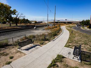 (Francisco Kjolseth | The Salt Lake Tribune) City Creek daylighting project would add water and gathering amenities to Folsom Trail, pictured on Thursday, Oct. 20, 2022, near downtown Salt Lake City. The path opened in 2022, but more work is underway.
