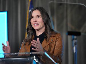 (Francisco Kjolseth | The Salt Lake Tribune) Salt Lake City Mayor Erin Mendenhall gives her State of the City Address at Woodbine Food Hall in January 2023.