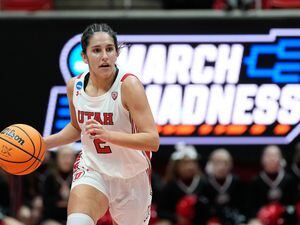 (Francisco Kjolseth | The Salt Lake Tribune) Utah Utes guard Ines Vieira (2) drives the ball down the court against Gardner-Webb of a first-round college basketball game in the NCAA Tournament, Friday, March 17, 2023, in Salt Lake City, Utah.