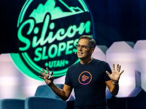 (Rick Egan | The Salt Lake Tribune) Aaron Skonnard, CEO of Utah tech company Pluralsight, speaks at the Silicon Slopes Summit on Sept. 30, 2022. On Monday, Skonnard announced Pluralsight was laying off 20% of its workforce.
