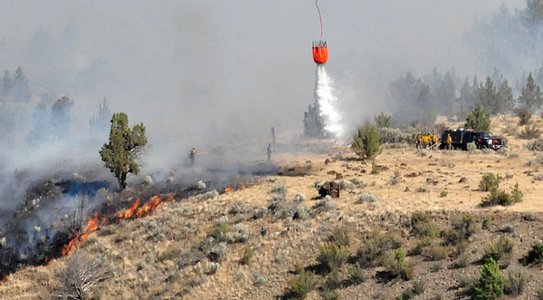 Members of the Warm Springs Hotshots watch a helicopter water drop as they battle a blaze in the hills above Warm Springs, Ore., July 1, 2018. Most Warm Springs Hotshots belong to one of the three Confederated Tribes of Warm Springs and live on the sparsely populated reservation about 100 miles southeast of Portland, Ore. (AP Photo/Tom James)