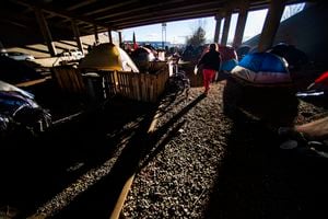 (Rick Egan | The Salt Lake Tribune) Camp Last Hope was built on abandoned railroad tracks under the freeway for protection from the rain and the snow. Tuesday, Jan. 5, 2021.