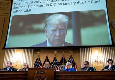 (Doug Mills | The New York Times)

A tweet by then-President Donald Trump is displayed on a screen during the first public hearing before the House Select Committee to Investigate the Jan. 6 Attack in Washington on Thursday night, June 9, 2022. "In his dystopian Inaugural speech, Trump promised to end 'American carnage.' Instead, he delivered it," writes The New York Times opinion columnist Maureen Dowd.