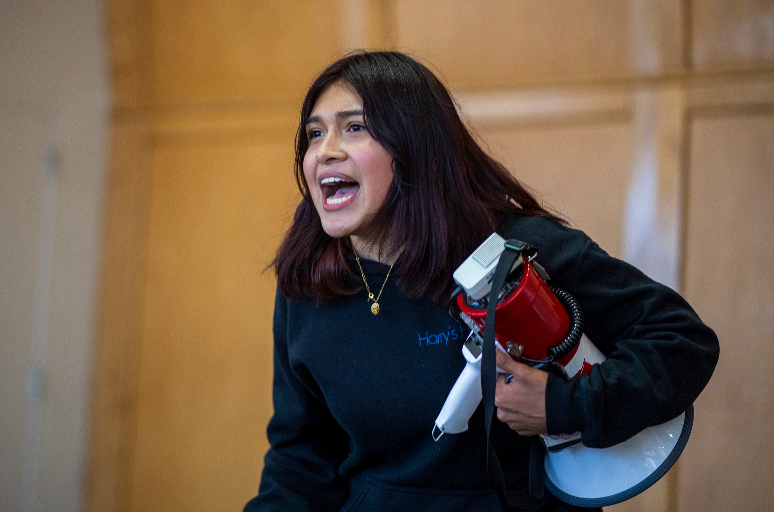 (Rick Egan | The Salt Lake Tribune) Chantal Irungaray leads the crowd in a chant during a sit-in, as the group Mecha occupies the Union Ballroom during a protest on the University of Utah Campus, on Wednesday, Nov. 15, 2023.
