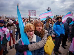 (Trent Nelson  |  The Salt Lake Tribune) Oliver and Becca Day at a rally in support of transgender youth at the Capitol building in Salt Lake City on Tuesday, Jan. 24, 2023.