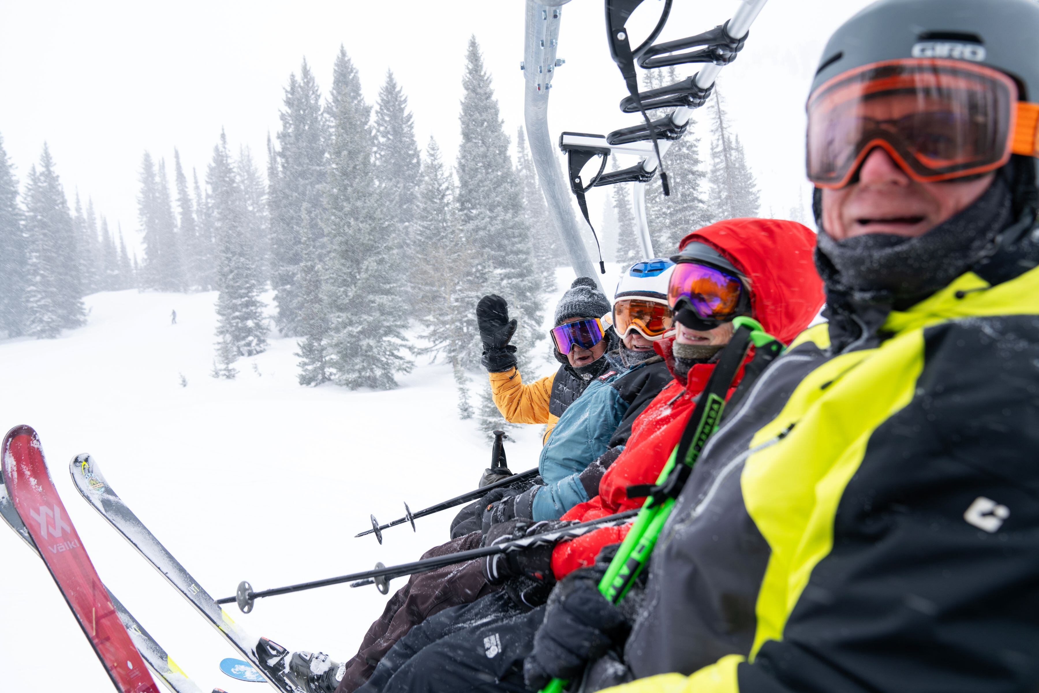 Wild old Bunch members, from left: Jimmy Glovaste, Dave Wahlstrom, Anne Kronawitter and Greg Brian on a left at the Alta Ski Area, in Alta, Utah, March 13, 2024. The Wild old Bunch (who meaningfully chose to lowercase “old” in the name), a ski club for seniors that started in 1973 and boasts around 115 members, has 80- and 90-year-olds that still ski — and there are plenty of Baby Boomers in the pipeline to replace the few who depart each year for the deep powder of the afterlife. (Kate Russell/The New York Times)