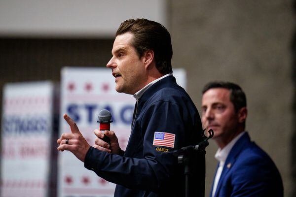 (Trent Nelson  |  The Salt Lake Tribune) Florida Congressman Matt Gaetz and U.S. Senate candidate Trent Staggs during a town hall at a campaign event at Riverton High School on Thursday, March 28, 2024.
