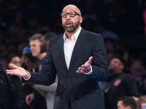 New York Knicks coach David Fizdale gestures during the first half of the team's NBA basketball game against the Detroit Pistons, Wednesday, April 10, 2019, at Madison Square Garden in New York. (AP Photo/Mary Altaffer)