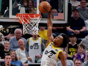 (Trent Nelson  |  The Salt Lake Tribune) Utah Jazz guard Collin Sexton (2) dunks the ball as the Utah Jazz host the Los Angeles Clippers, NBA basketball in Salt Lake City on Wednesday, Jan. 18, 2023.