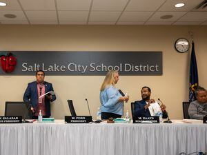(Trent Nelson  |  The Salt Lake Tribune) The Salt Lake City School District's board is pictured on Friday, Sept. 23, 2022. The board heard a report about continuing enrollment decreases on Tuesday, Oct. 18, 2022.