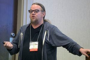 (Al Hartmann  |  The Salt Lake Tribune) 	
Homelessness advocate, educator, Iain De Jong speaks at a breakout session to Utah homeless service providers at Utah's 14th Annual Homelessness Summit in Salt Lake City Wednesday Oct. 11.  He spoke on housing-focused services in shelter and when to encourage self resolution.