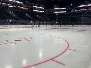 (Andy Larsen | The Salt Lake Tribune) Fresh ice at Vivint Arena ahead of the NHL Frozen Fury game on Thursday night.