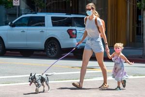 (Rick Egan | The Salt Lake Tribune) Mary Kendall Hegland wears a mask as she walks on Main Street with her daughter Brecken and her dog Boone in downtown Salt Lake City on Friday, June 26, 2020.