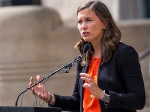 (Rick Egan | The Salt Lake Tribune)  Salt Lake City Mayor Erin Mendenhall discusses the plans for overflow shelters and transitional housing during a news conference at City Hall on Tuesday, Sept. 13, 2022.