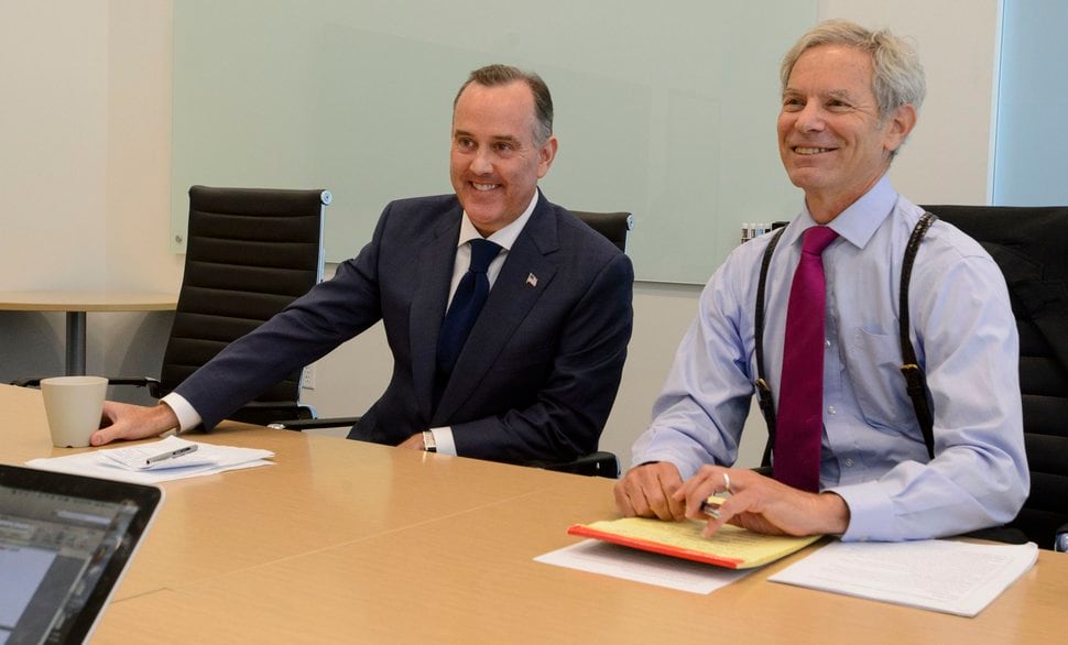 Steve Griffin | The Salt Lake Tribune Former Salt Lake City Mayor Ralph Becker, right, and Jeff Wright talk about the formal launch of the Better Boundaries initiative, which will ask voters to create an independent commission to redraw political districts. The pair spoke from the Cicero Group offices in Salt Lake City Thursday, July 20, 2017.