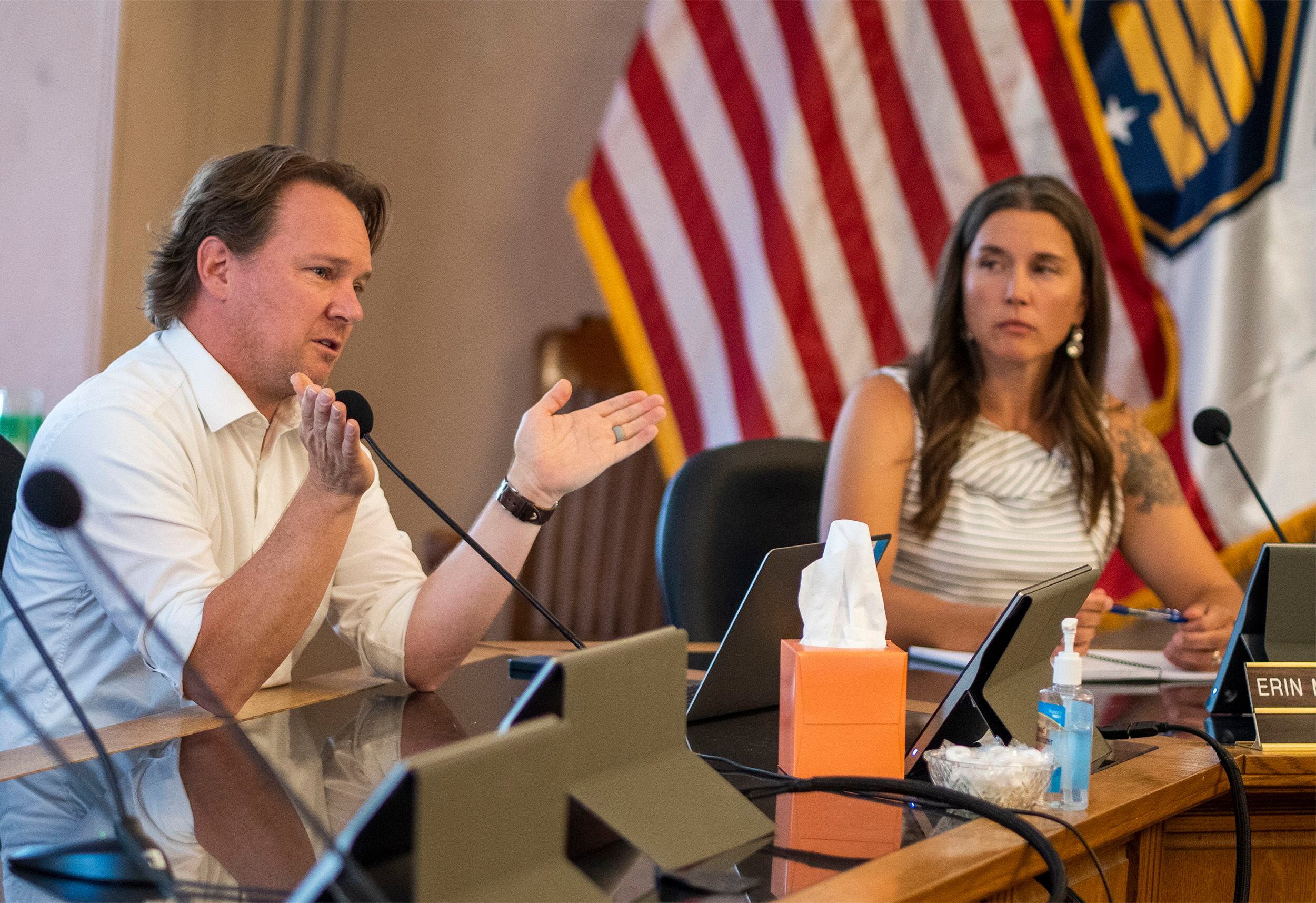 (Rick Egan | The Salt Lake Tribune) Andrew Johnston, Salt Lake City's director of homeless policy and outreach speaks at City Hall during a Q&A; on homelessness, Tuesday, Aug. 1, 2023. He concedes this small sanctioned camp, part of a pilot project, will have little impact on the illegal camps across the city.
