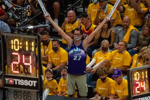 (Rick Egan | The Salt Lake Tribune) A Jazz fan tries to distract the Clippers at the foul line, in Game One of the second round of the NBA playoffs at Vivint Arena, on Tuesday, June 8, 2021.