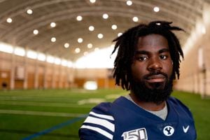 (Trent Nelson  |  The Salt Lake Tribune)  Ty'son Williams. BYU football photo day in Provo on Wednesday Aug. 7, 2019.
