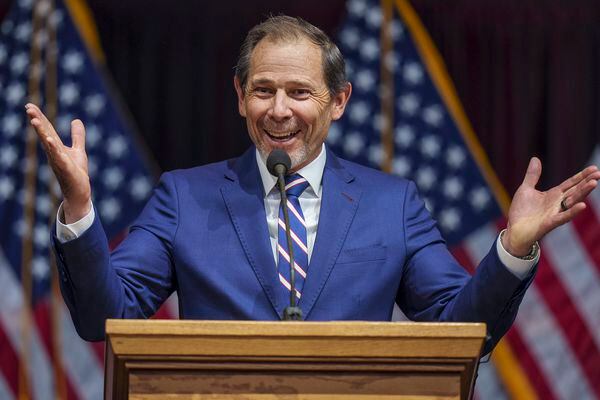 (Leah Hogsten | The Salt Lake Tribune) Utah Rep. John Curtis addresses the delegates at the Utah Republican Party 2023 Organizing Convention at Utah Valley University's UCCU Center on Saturday, April 22, 2023. A campaign spokesperson says Curtis is eyeing a run for U.S. Senate in 2024.