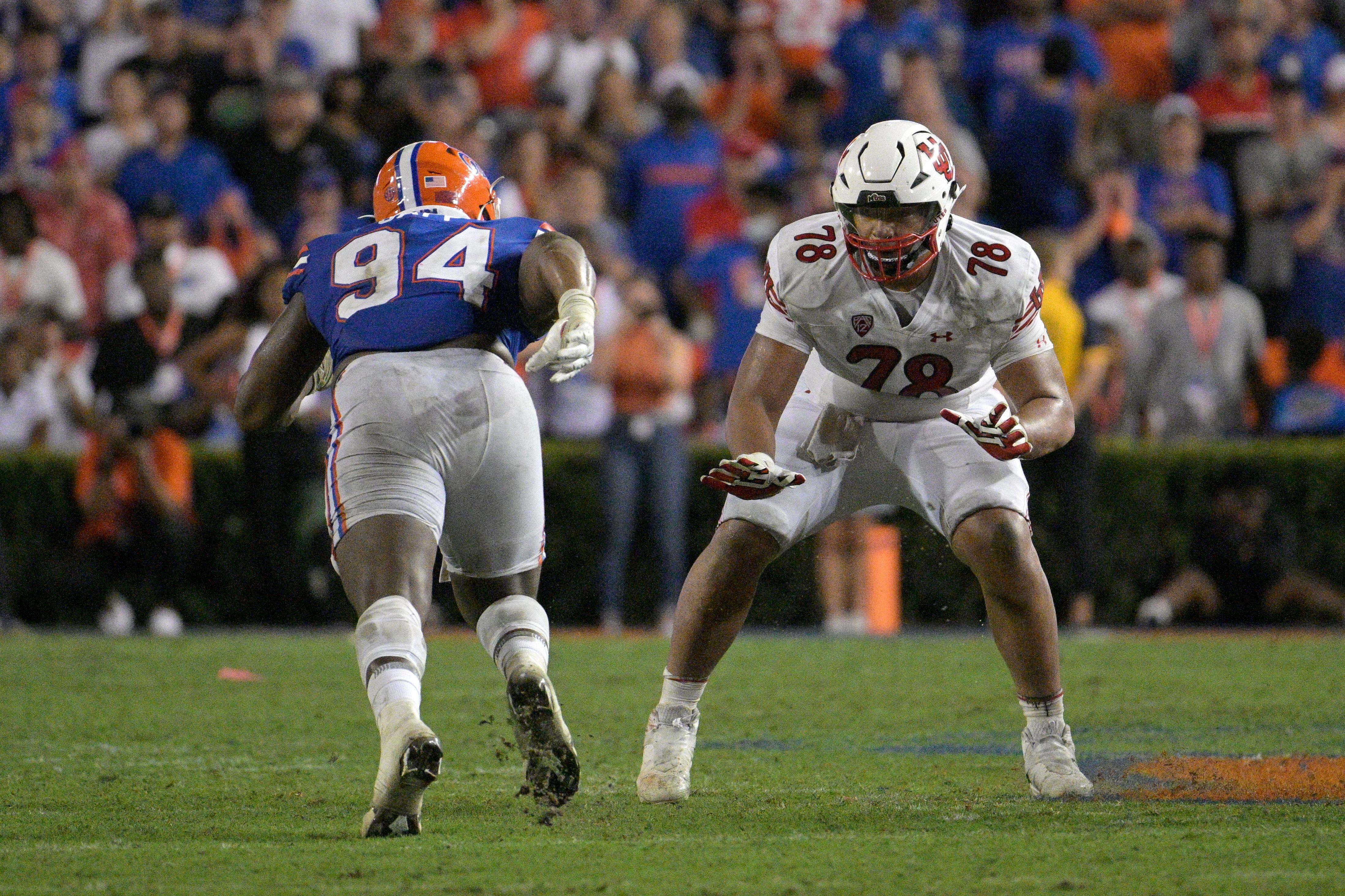 (Phelan M. Ebenhack | AP) Utah offensive lineman Sataoa Laumea (78) sets up to block in front of Florida defensive lineman Tyreak Sapp (94) during the second half of an NCAA college football game, Saturday, Sept. 3, 2022, in Gainesville, Fla.