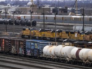 (Leah Hogsten | The Salt Lake Tribune) Union Pacific Railroad's Roper Yard in South Salt Lake is a large train car switching yard where the railroad assembles long trains for transport to other cities, Feb. 23, 2022. Union Pacific is balking at some of the plans of the Utah Inland Port Authority.
