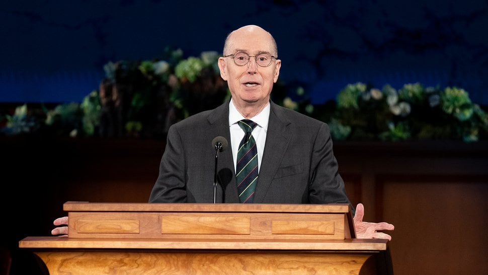 Photo courtesy of The Church of Jesus Christ of Latter-day Saints) Henry B. Eyring, second counselor in the governing First Presidency, speaks Saturday, April 4, 2020.