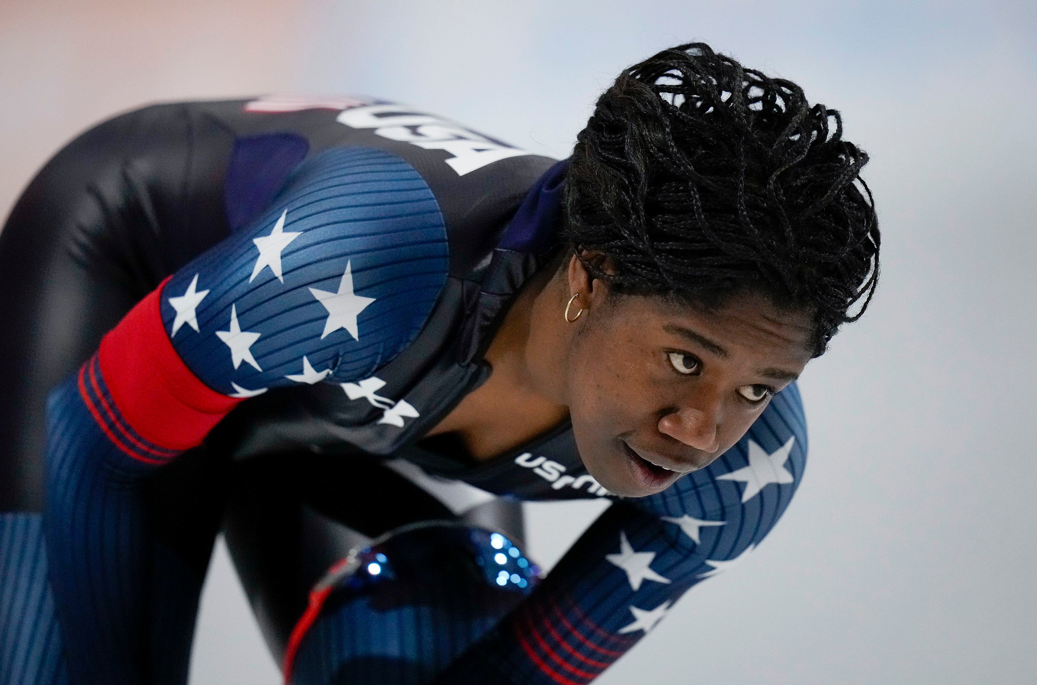 (Bethany Baker  |  The Salt Lake Tribune) Erin Jackson of the United States after competing in the women’s 1000 meter speed skating finals during the ISU Speed Skating World Cup in Kearns on Sunday, Jan. 28, 2024.