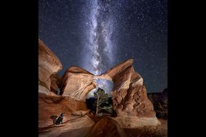 (Photo illustration courtesy of Christine Kenyon) The Metate Arch, in Grand Staircase-Escalante National Monument, shown in alignment with the Milky Way and adventure photographer Christine Kenyon's dog, Tuffy, in the foreground. This image was created by blending more than one photo taken from the same spot at separate but proximate times.