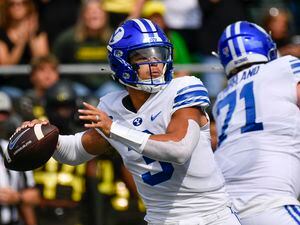 BYU quarterback Jaren Hall (3) loos to pass against Oregon during the first half of an NCAA college football game Saturday, Sept. 17, 2022, in Eugene, Ore. (AP Photo/Andy Nelson)