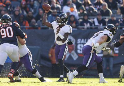 Baltimore Ravens quarterback Tyler Huntley (2) throws against the Chicago Bears during an NFL football game Sunday, Nov 21. 2021, in Chicago. (AP Photo/Jeffrey Phelps)