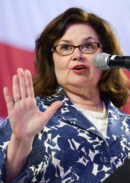 (Leah Hogsten | The Salt Lake Tribune) Convention chairwoman Enid Greene Mickelsen tries to maintain order with the raucous crowd at the Utah Republican Nominating Convention Saturday, April 21, 2018 at the Maverik Center. 