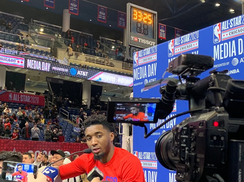 (Eric Walden | The Salt Lake Tribune) Utah Jazz guard Donovan Mitchell speaks at the All-Star Weekend Media Day event held at the Wintrust Center in Chicago on Saturday, Feb. 15, 2020.
