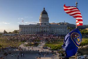 (Trent Nelson  |  The Salt Lake Tribune) People gather at the State Capitol in Salt Lake City to protest after the U.S. Supreme Court overruled Roe v. Wade, on Friday, June 24, 2022.