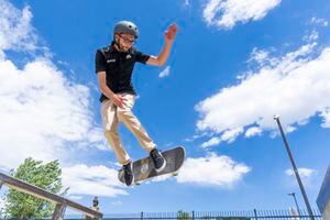 (Rick Egan | The Salt Lake Tribune) Midvale Mayor Marcus Stevenson gets some air at a skate demo at Copperview Skate Park on Friday, July 1, 2022.