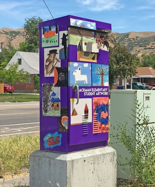 (Photo courtesy Salt Lake City Mayor's Office) A utility box near Backman Elementary School in Salt Lake City, decorated with artwork by the school's students, as part of the city's ColorSLC program.