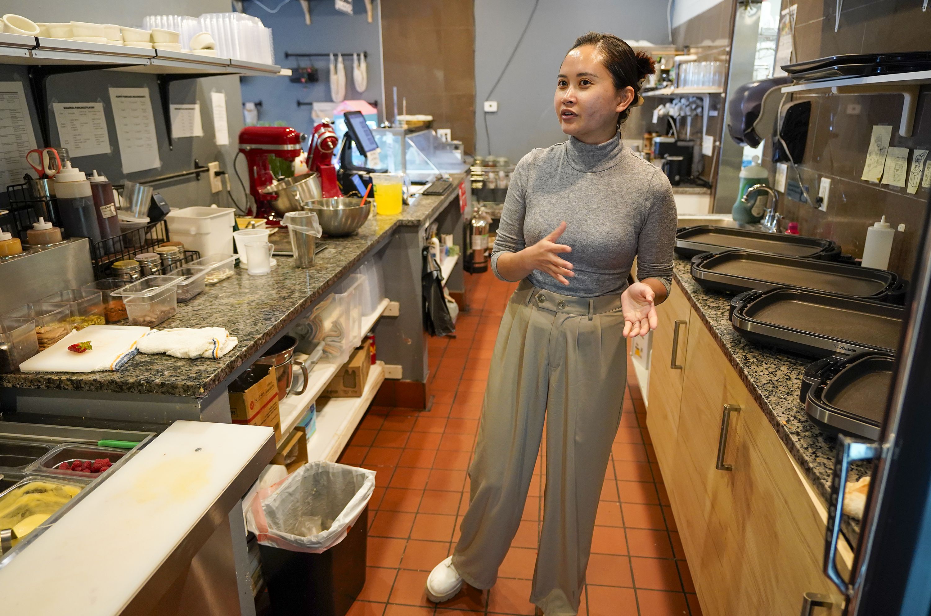 (Chris Samuels | The Salt Lake Tribune) Irie Cao makes Japanese fluffy pancakes at Kumo Cafe in South Salt Lake, Wednesday, April 10, 2024.