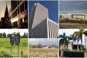 (Tribune and wire photos) A collection of property across the United States owned by The Church of Jesus Christ of Latter-day Saints, clockwise from top left: An apartment building adjacent to the Philadelphia Pennsylvania Temple; the Church Office Building in Salt Lake City; an office complex in Richardson, Texas; a meetinghouse in Laie, Hawaii; undeveloped land in Riverton; and farmland near St. Cloud, Fla.