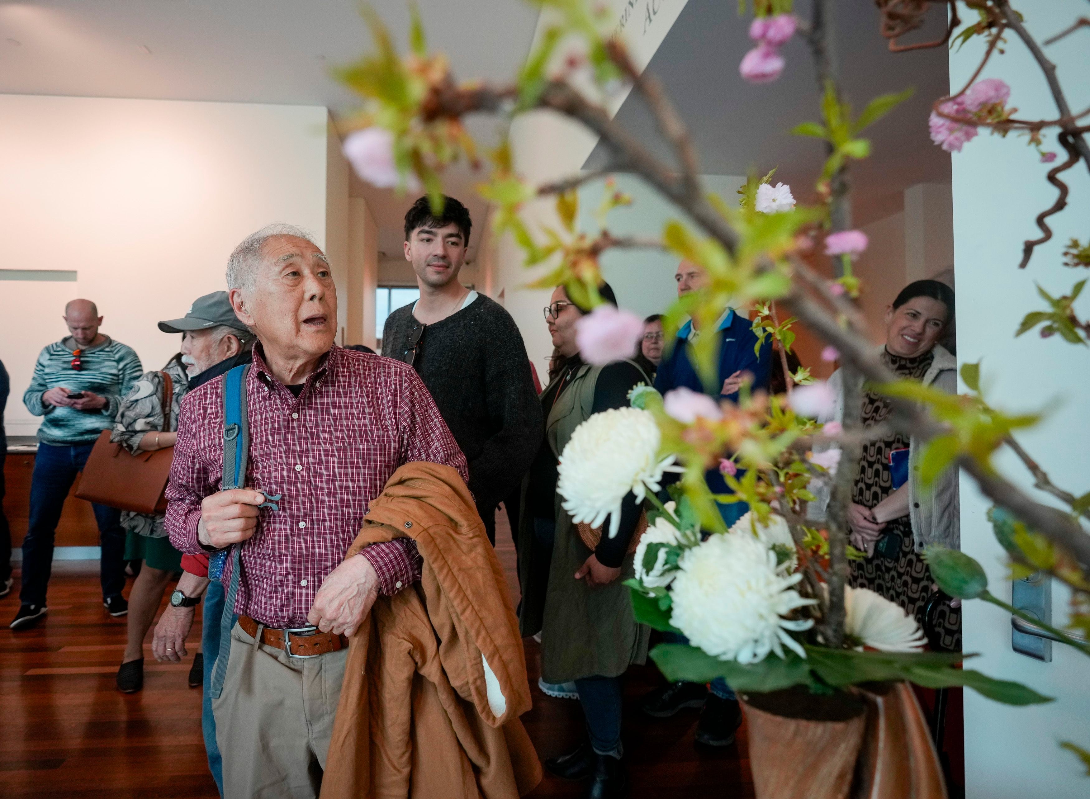 (Bethany Baker  |  The Salt Lake Tribune) People look at various ikebanas, Japanese flower arrangements, by artist Keiko Kubo on display outside a presentation about the new exhibit ÒPictures of BelongingÓ at the Utah Museum of Fine Art in Salt Lake City on Thursday, May 2, 2024.