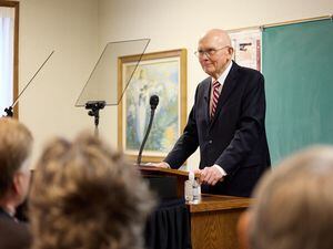(The Church of Jesus Christ of Latter-day Saints)
President Dallin H. Oaks of the First Presidency speaks to church leaders and their spouses in Wilmette, Ill., 14 miles north of downtown Chicago, on the morning of Saturday, Feb. 11, 2023.
