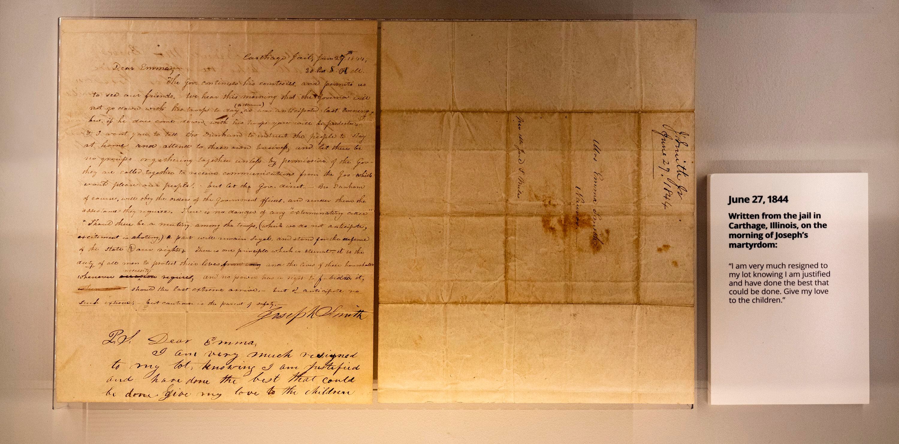 (Rick Egan | The Salt Lake Tribune) Last letter from Joseph Smith to wife Emma, penned on the day he was slain. It was recently transferred from the Community of Christ and is on display at the Church History Museum on Monday, March 25, 2024.
