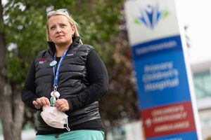 (Francisco Kjolseth | The Salt Lake Tribune) Primary Children’s Hospital caregiver Dr. Jill Sweney, medical director of the pediatric ICU, shares some sad stories about her experience treating kids with COVID as she steps outside the hospital for a brief moment on Monday, Oct. 11, 2021. 
